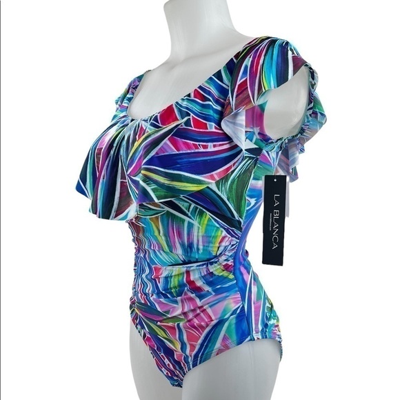 La Blanca Multicolor Palm Opulence Off Shoulder Ruffle One Piece Swimsuit - Picture 10 of 15